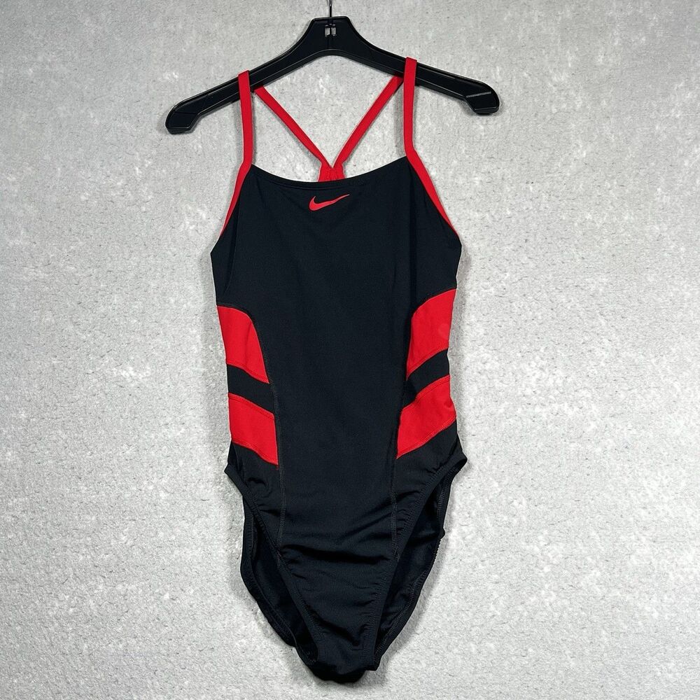 Nike Swimsuit Womens Size 12 Black Red Racerback One Piece Polyester Swim